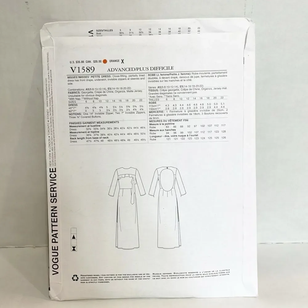 Vogue Sewing Pattern‎ V1589 Guy Laroche Women Dress NEW Sz A5 UNCUT FF